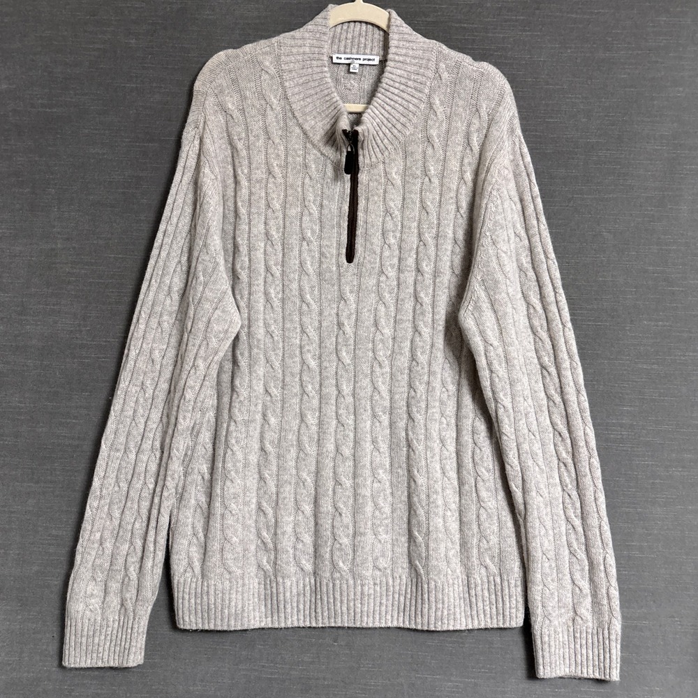 The Cashmere Project Sweater XL Gray Beige Cable Knit Classic Luxury 1/4 Zip